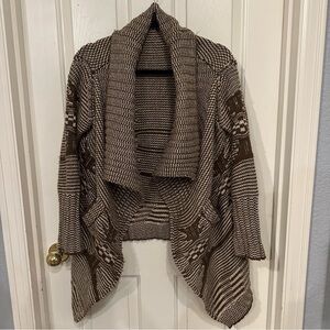 Love Stitch Cardigan Size Medium Open Draped Front Brown Wool Blend Boho Aztec